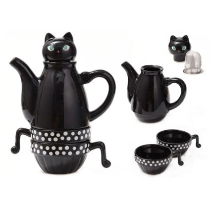 Set De Tetera Gato - Infusor + 2 Tazas Mug Negro Con Puntos Blancos